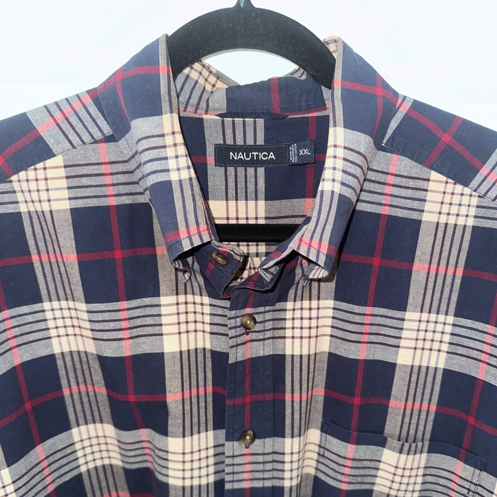 Nautica Men's Casual Plaid Shirt - Navy and Red